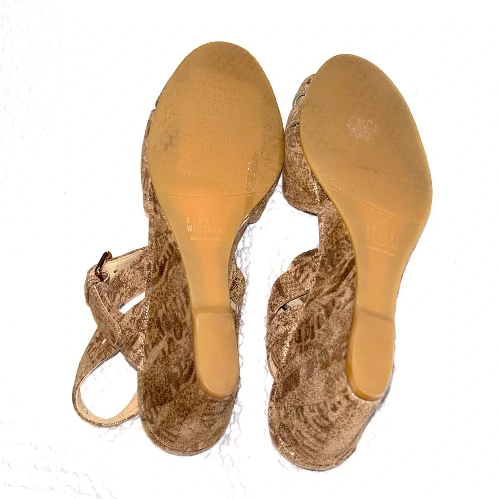 Stuart Weitzman Textured Brown & Gold Metallic Animal Print Wedges NWOT